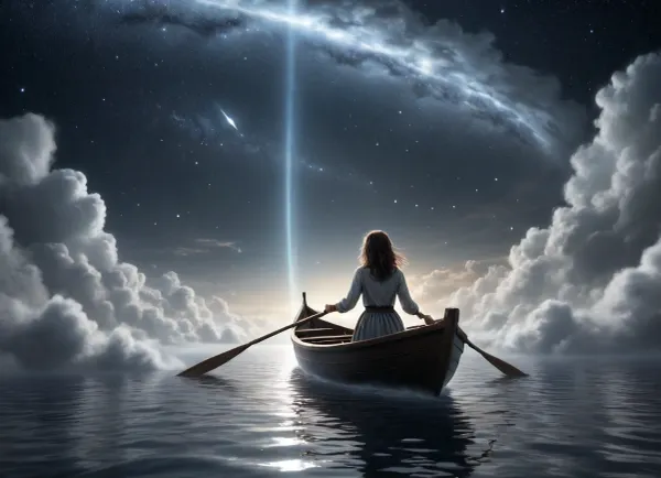 Photorealism, photorealistic, realistic, {dark fantasy art, a girl in a boat sailing among the clouds along a white glowing strip, across the sky, surrounded by space, stars, and stardust}, lifelike, highly detailed, ultra-realistic, cinematic lighting, 8K