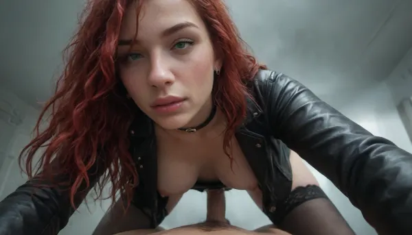 HD masterpiece, night time bedroom scene, (27 yo dutch woman), face tilted at viewer, (pov, squatting, cowgirl vaginal sex), (hard thick cock), (view from below, bending forward:1.6), (close face:1.4), looking at camera, (red hair, messy loose hair, long hair), ultra detailed face, thin face, (pointy nose:1.3), wet lips, (wear open black leather jacket, belt, latex stockings, choker, black gloves, black sunglasses), (white pale skin, perfect skin), fit, (wide hips:1.4), toned, perfect large breasts, no bra, (half-close eyes, green eyes:1.6), (Sweaty body, Sweating), (fog from sweating, lots of fog, lots of smoke), (ultra detailed image, high resolution, high level of detail)