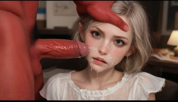 Face close-up, A nude 18-year-old demon girl with deep red skin, pitch-black sclera eyes, (completely black eyes with no visible whites), sharp small fangs slightly visible, pointed ears, short black bob cut hair, is being forced into anal sex by white human male, Side view, her face pressed hard against the table, looking directly at the viewer with an expression of agony, anguish, anxiety, depression, despair, grief, pain, sadness and stress, Her very large, extremely saggy, flat breasts are fully exposed and hanging down heavily, Her huge ass is raised high, being roughly penetrated by a strong muscular white man, Excessive cum dripping from her mouth, suffering expression, Her hands are tightly tied behind her back, red skin, black sclera eyes, small sharp fangs, face covered in cum, woman, cum, on, face, very detailed, incase, style, <lora:MS_Real_XL_Bukkake:1>, <lora:JustCum:.8>, <lora:add-detail-xl:1.3>, <lora:Incase_Style__SDXL:1.2>