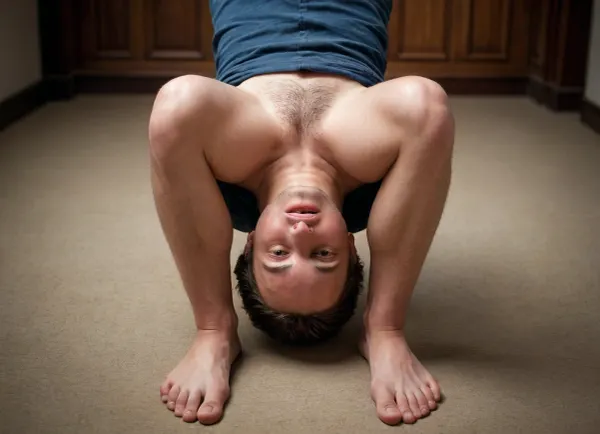 Man with his head growing between his legs. Crotch head