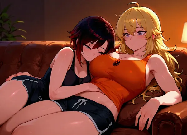 Ruby Rose, (RWBY), and Yang Xiao, cuddling and touching each other on the couch in their pajamas., (Yang Xiao is a Tall, athletic woman with long blonde hair, purple eyes, large cleavage. Yang is wearing a orange tank top and black short shorts.), (Ruby Rose is a short, petite woman with short black hair, grey eyes. Ruby is wearing a black tank top and black shorts short.), Dark, dim living room, cozy couch.

2 girls, assigned clothes, blushing, hands under clothes, cuddling, hugging, detailed eyes, large anime eyes, soft, warm, 4k detail, clear, crisp.