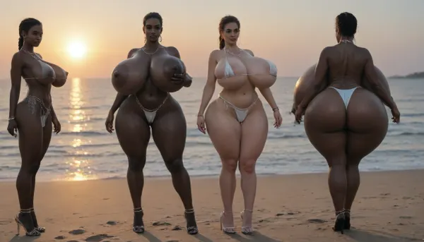 (absolutely black skin:1.85), (gigantic massive huge tits slender beauty model on the beach:1.55), (incredibly floppy saggy tits:1.35), (very large very dark areolae:1.25), erect nipples, seduction, model with full body and face, ((groping tits and ass)), ((very high plateau heels)), (bikini), ((belly chain, anklet, bracelet, jewelry, necklace)), (micro skirt, sun dress), oiled up, light hairy pussy, very detailed image, ultra high definition, dramatic sunrise light, palms, cruise ship on horizon