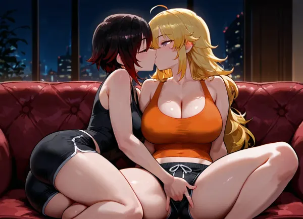 Ruby Rose, (RWBY), and Yang Xiao, cuddling, touching, and kissing each other on the couch in their pajamas., (Yang Xiao is a Tall, athletic woman with long blonde hair, purple eyes, large cleavage. Yang is wearing a orange tank top and black short shorts.), (Ruby Rose is a short, petite woman with short black hair, grey eyes. Ruby is wearing a black tank top and black shorts short.), Dark, dim living room, cozy couch.

2 girls, assigned clothes, blushing, hands under clothes, hugging, fingering each other, kissing, make out, detailed eyes, large anime eyes, soft, warm, 4k detail, clear, crisp.