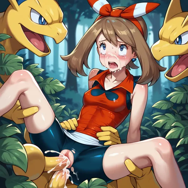 Pokemon May, massively fucked by many pokemon with their pokemon cocks in her pussy and ass, double penetration, petite, small breasts, skinny, short, clothes, gangbang pokemons, pain face, in a dark forest, scared face, crying, cummed, cum in face, 1girl, may_\, (pokemon\), collarbone, highres, eyelashes, red_shirt, bow_hairband, sleeveless_shirt, absurdres, bike_shorts, <lora:may_(pokemon):.8>
