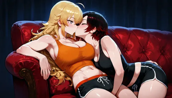 Ruby Rose, (RWBY), and Yang Xiao, cuddling, touching, and kissing each other on the couch in their pajamas., (Yang Xiao is a Tall, athletic woman with long blonde hair, purple eyes, large cleavage. Yang is wearing a orange tank top and black short shorts.), (Ruby Rose is a short, petite woman with short black hair, grey eyes. Ruby is wearing a black tank top and black shorts short.), Dark, dim living room, cozy couch.

2 girls, assigned clothes, blushing, hands under clothes, hugging, fingering each other, kissing, make out, kissing neck, kissing boobs, detailed eyes, large anime eyes, soft, warm, 4k detail, clear, crisp.