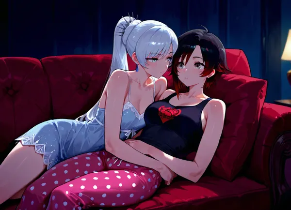 Ruby Rose, (RWBY), and Weiss Schnee, cuddling with each other on the couch in their pajamas., (Weiss Schnee is a tall, skinny woman with long, white hair, blue eyes, wearing a blue transparent nightgown.), (Ruby Rose is a short, petite woman with short black hair, grey eyes. Ruby is wearing a black tank top and long pink polka-dot pajama pants.), Dark, dim living room, cozy couch.

2 girls, assigned clothes, cuddling, hugging, soft, warm, 4k detail, clear, crisp.