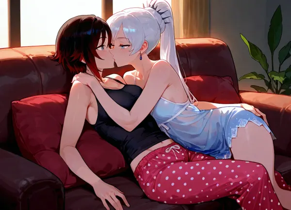 Ruby Rose, (RWBY), and Weiss Schnee, kissing and cuddling with each other on the couch in their pajamas., (Weiss Schnee is a tall, skinny woman with long, white hair, blue eyes, wearing a blue transparent nightgown.), (Ruby Rose is a short, petite woman with short black hair, grey eyes. Ruby is wearing a black tank top and long pink polka-dot pajama pants.), Dark, dim living room, cozy couch.

2 girls, assigned clothes, cuddling, hugging, grabbing ass, hands under clothes, soft, warm, 4k detail, clear, crisp.
