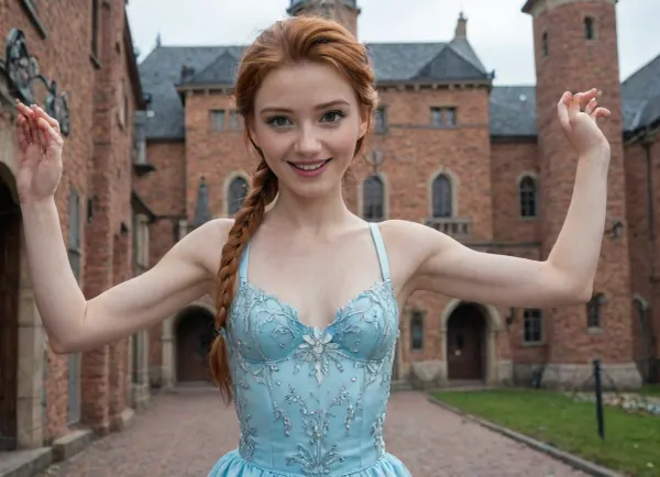 score_9, score_8_up, score_7_up, (Anna of Arendelle with her auburn hair), (Disey), (Frozen movie), excited smiling face, very pale skin, small breasts, wearing Anna's inauguration dress, (auburn, hair:1.2), braided hair, castle, ballroom, Nordic style