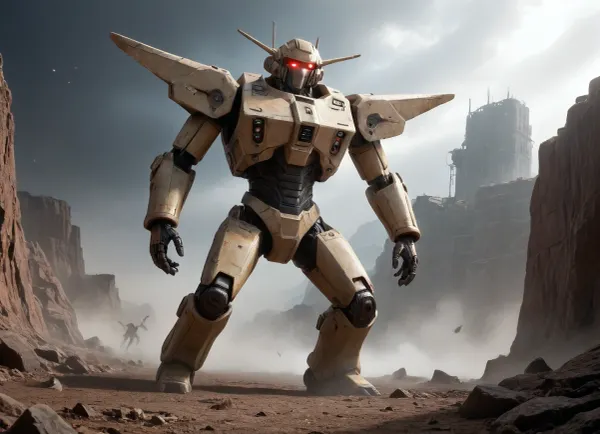 mecha, futuristic, battle_ready, full_body, highly_detailed, weathered, metallic_texture, light_grey, dark_grey, black, rivets, hinges, vents, rugged, industrial_aesthetic, glowing_red_eyes, static_stance, upright, facing_viewer, low_angle, imposing_size, diffused_lighting, subtle_shadows, realistic, high_resolution, advanced_technology, perfect_physics