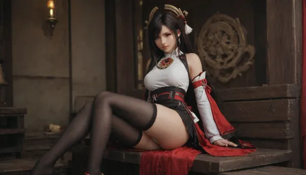 23 years, solo, red, eyes, dress, skirt, stockings, detached, sleeves, jewelry, black, thighhighs, hat, yae, miko, tifa, vision, (genshin, impact), <lora:MIAOKA_Yae Miko_XL:.8>, tifa7re, tifa_outfit, <lora:tifa_re_sdxl_V1_01-000006:.8>