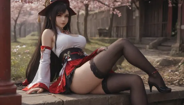 23 years, solo, red, eyes, dress, skirt, stockings, detached, sleeves, jewelry, black, thighhighs, hat, yae, miko, tifa, vision, (genshin, impact), <lora:MIAOKA_Yae Miko_XL:.8>, tifa7re, tifa_outfit, <lora:tifa_re_sdxl_V1_01-000006:.8>
