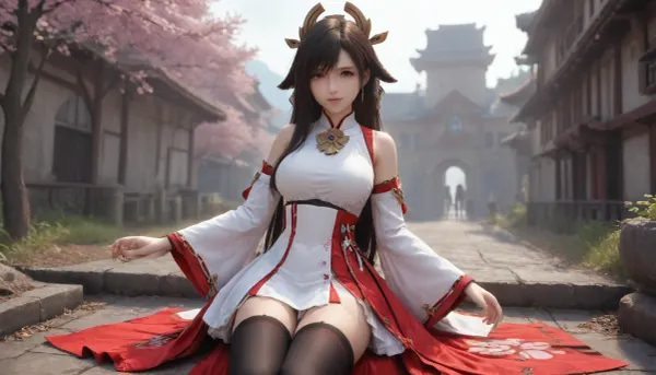 23 years, solo, navia, blue, eyes, dress, detached, sleeves, jewelry, black, thighhighs, hat, yae, miko, vision, (genshin, impact), <lora:MIAOKA_Yae Miko_XL:.8>, tifa7re, tifa_outfit, <lora:tifa_re_sdxl_V1_01-000006:.8>