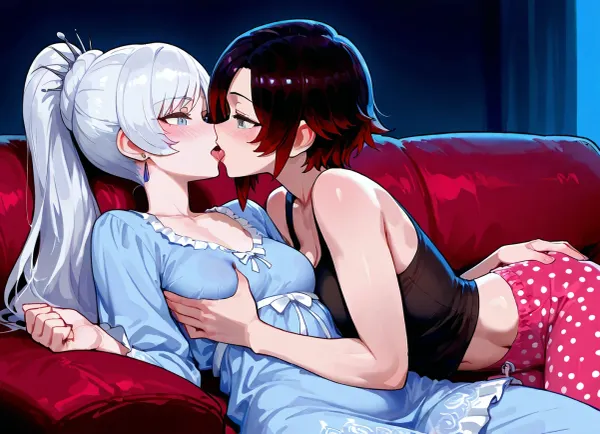 Ruby Rose, (RWBY), and Weiss Schnee, kissing and cuddling with each other on the couch in their pajamas., (Weiss Schnee is a tall, skinny woman with long, white hair, blue eyes, wearing a blue transparent nightgown.), (Ruby Rose is a short, petite woman with short black hair, grey eyes. Ruby is wearing a black tank top and long pink polka-dot pajama pants.), Dark, dim living room, cozy couch.

2 girls, assigned clothes, blushing, tongue kissing, cuddling, hugging, grabbing ass, grabbing boobs, hands under clothes, soft, warm, 4k detail, clear, crisp.