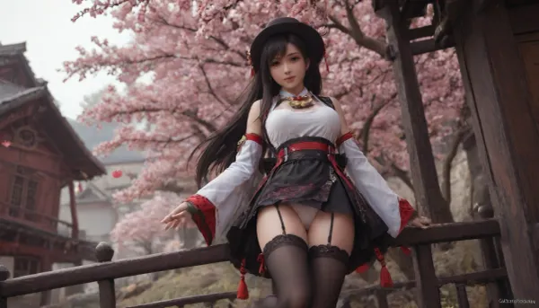 23 years, solo, red, eyes, dress, skirt, stockings, detached, sleeves, jewelry, black, thighhighs, hat, yae, miko, tifa, vision, (genshin, impact), <lora:MIAOKA_Yae Miko_XL:.8>, tifa7re, tifa_outfit, <lora:tifa_re_sdxl_V1_01-000006:.8>