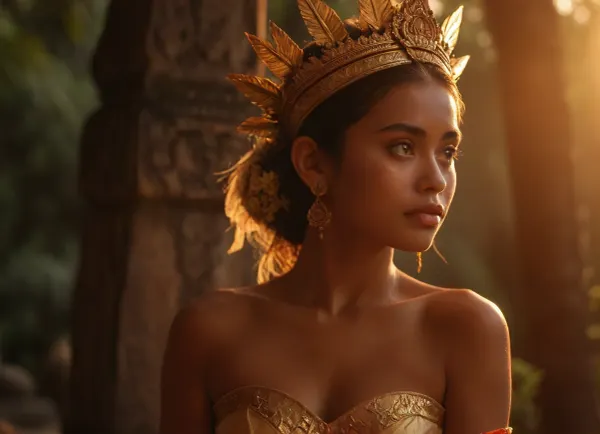 (Balinese Temple in goal lead:1.4), Balinese women dancing dynamic traditional pose, elaborate headdress, bathed in the golden light of sunset, jungle in the background, 1girl, bokeh, long-shot, perfect, eyes, skin, blemish, detailed, <lora:polyhedron_all_sdxl-000004:.4>, <lora:MJ52:.5>, <lora:strange_poses:.8>