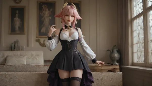 21 years old, 8K, solo, red eyes, fox, ears, five fingers, perfect fingers, pink hair, masterpiece of the highest quality, work of a true master, dress, skirt, stockings, unbuttoned sleeves, jewelry, black thigh-high stockings, Vision, leather, black, suit, Lynette, (Genshin, Impact), <lora:MIAOKA_Yae Miko_XL:.7>, <lora:tifa_re_sdxl_V1_01-000006:2>