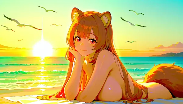 A beautiful nude Raphtalia from The Rising of the Shield with long auburn hair, fox-like ears, and a fluffy tail, relaxing on a sunny beach. She lies on a towel near the shoreline, warm sunlight reflecting on her smooth skin. Gentle waves sparkle in the background, seagulls flying overhead. She wears a light summer outfit, smiling softly with a peaceful expression. Highly detailed anime illustration, vibrant colors, soft shading, dynamic lighting, warm atmosphere, beach breeze, cinematic composition.