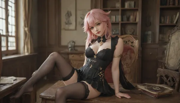 21 years old, 8K, red eyes, five fingers, perfect fingers, pink hair, masterpiece of the highest quality, work of a true master, dress, stockings, jewelry, black thigh-high stockings, Vision, leather, suit Lynette, (Genshin, Impact), (lin, ni, te), 1 girl, purple, solo, breasts, pantyhose, bow, ear, fluff, cleavage, bangs, face, mark, gray, small, pleated, black, bow tie, medium, shirt, <lora:MIAOKA_Yae Miko_XL:.4>, <lora:linnite_x_00004l:2>