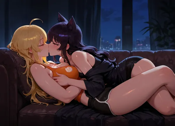 Yang Xiao, (RWBY), and Blake Belladonna, kissing and cuddling with each other on the couch in their pajamas., (Yang Xiao is a tall, busty woman with long, blonde hair, purple eyes, wearing a orange tank top and black short shorts.), (Blake Belladonna, sexy cat girl, glowing yellow eyes, wearing black bath robe.), Dark, dim living room, cozy couch.

2 girls, assigned clothes, kissing, cuddling, hugging, grabbing boobs, soft, warm, 4k detail, clear, crisp.