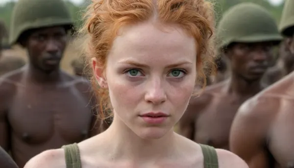 18 Year-old Irish woman. full body view, disheveled ginger hair, green eyes, flawless white skin, 1girl with small tits and unshaved hairy pussy, with legs wide spread, bushy pussy exposed, hold in hands of naked African soldiers with erected dicks up above their heads, ((Ugandan militia)), dust African road, (a crowd of African soldiers:1), (perfect faces:1.3), close-up girl