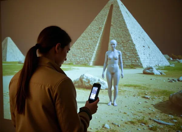 cinematic photograph, a female astroarchaeologist examines the remains of an ancient alien civilization while viewing a found video recording, projecting the footage onto a large screen. The recording shows the last member of an unknown humanoid race, against a backdrop of pyramidal tombs, on a planet dying due to environmental disaster {, (pyramids:1.4), (stunted dying vegetation:1.2), (dense smog:1.8), }. An alien woman addresses an unseen audience, telling the story of her race's demise. Sharp contrasting lighting on the planet. Slight blurring of the projection.