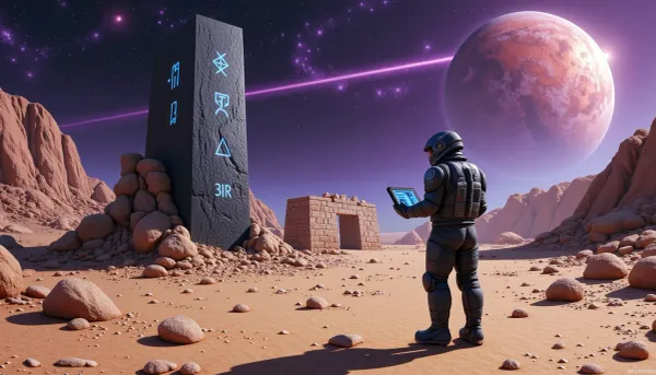 An astroarchaeologist in an armored spacesuit standing in front of a towering obsidian black monolith among the ruins of strange buildings, mottled with fractal glyphs that pulsate with bioluminescent energy on the surface of a sand-filled satellite of a giant planet. He, tablet in hand, is busy trying to decipher the alien symbols. The star, the sun of this system, emerging from behind the giant planet, casts long, sharp shadows on the lifeless surface of the dead moon.
