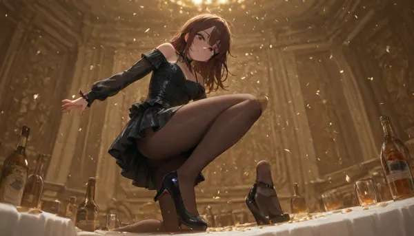 Pre christmas party, tight glitter dress, dark dress, young lady, heart shaped face, (small chin), scandinavian features, black mini dress, pantyhose, laquer high heels, (wasted), ((rowdy)), (dancing on table), (low angle), upskirt, confetti, empty glasses on table, bottles on table, white tablecloth, stained, slender, petite, small, glitter, (messy hair), movement, speed, horny, long sleeves, loose sleeved dress, detailed hands, detailed arms