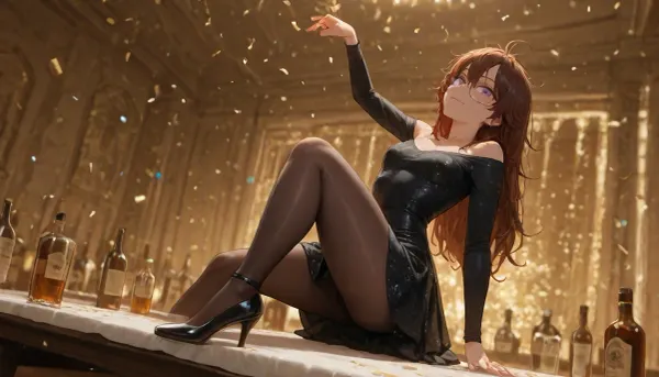 Pre christmas party, tight glitter dress, dark dress, young lady, narrow face, (small chin), scandinavian features, black mini dress, pantyhose, laquer high heels, (wasted), ((rowdy)), (dancing on table), (low angle), upskirt, confetti, empty glasses on table, bottles on table, white tablecloth, stained, slender, petite, small, glitter, (messy hair), movement, speed, horny, long sleeves, loose sleeved dress, detailed hands, detailed arms
