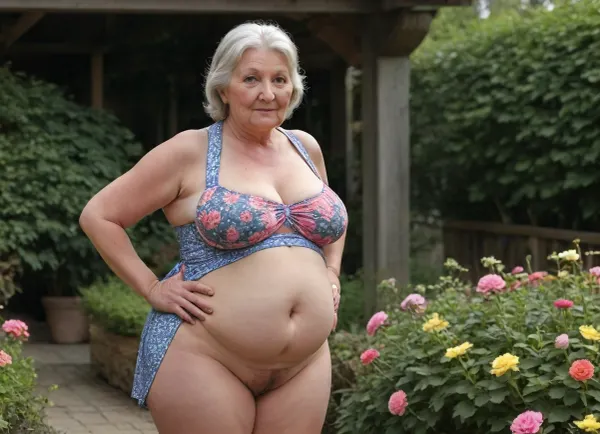 An elderly lady with curvaceous forms in a flirty apron with a floral print takes care of the garden beds in her private household., (nipples with large areolas:1.4), (((flatchested:1.4))), (old woman with fat folds and cellulite:1.6), (3/4th side view:1.4), (((mini apron))), Her dyed long blonde hair is tied in a knot on her head.Outdoors. A cozy courtyard of a private household with flowers and flower beds. cellulite and fat folds on the body. small breasts. cellulite butt., (overweight:1.4), (hairy genitals:1.4), ., (thick powerful thighs:1.4), plump, skindentation, chubby, bbw, venus, body, big, breasts, ass, <lora:Chubby BBW - XL:.8>, <lora:EnvyCuteXL05:.8>