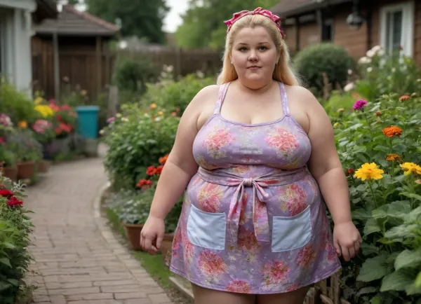 An elderly lady with curvaceous forms in a flirty apron with a floral print takes care of the garden beds in her private household.Her dyed long blonde hair is tied in a knot on her head.Outdoors. A cozy courtyard of a private household with flowers and flower beds. cellulite and fat folds on the body. small breasts. cellulite butt., (overweight:1.6)