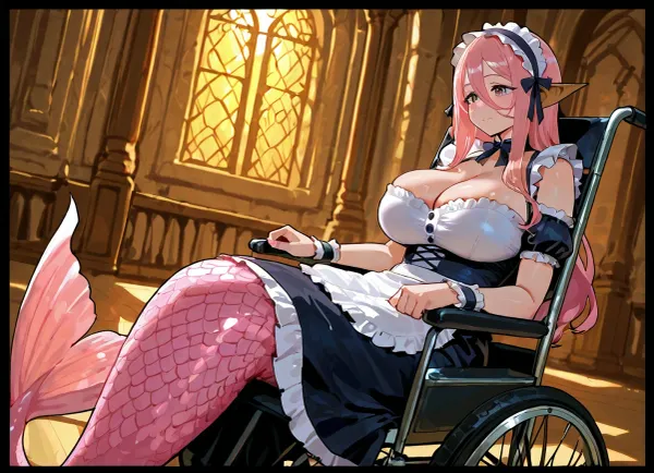 Meroune Lorelei, (Monster Musume), . Mermaid monster girl sitting in wheelchair, maid outfit, large cleavage, pink hair, pink mermaid tail.