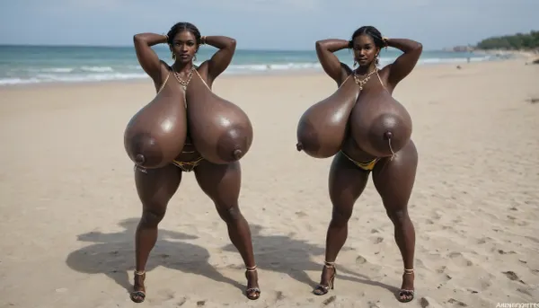 (absolutely black skin:1.55), (gigantic massive huge tits slender beauty model on the beach:1.35), (incredibly floppy saggy tits:1.85), (very large very dark areolae:1.55), erect nipples, seduction, model with full body and face, ((groping tits and ass)), very high plateau heels, ((bikini)), (belly chain, anklet, bracelet, jewelry, necklace), ((micro skirt)), oiled up, light hairy pussy, very detailed image, ultra high definition