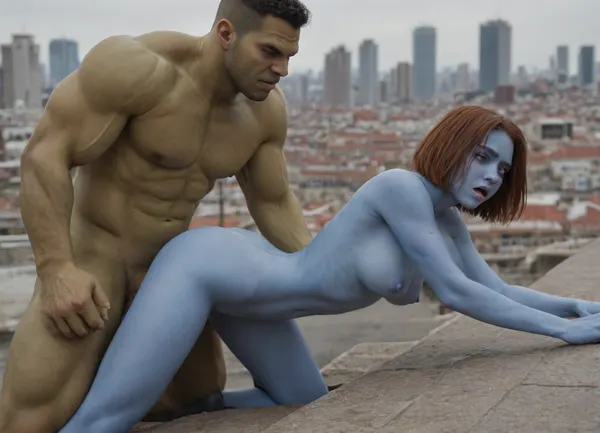 Outdoors, on a skyscraper rooftop, Interracial superhero sex, doggystyle sex, green skin Incredible Hulk is fucking naked 35yo Mystique with his long thick cock., ((Mystique has dark blue skin:1.4), medium breasts, athletic body, hip gap, (narrow waist), pussy cameltoe, Mystique has extremely short bob cut oiled auburn hair), green Incredible Hulk holds Mystique down by her shoulders, Hulk fucks her with his long thick overpowering cock, exposed cock, Mystique is powerless to resist, she is in pain, grimacing, struggling, rough sex, exhausted