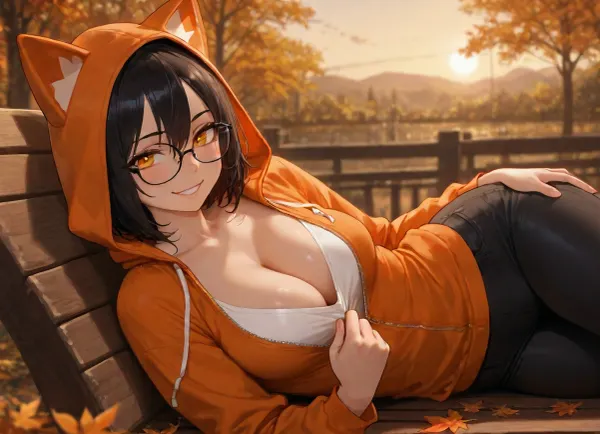 (solo:1.3), (warm colors:1.3), autumn, beautiful sky, sunset, maple leaves, lying on bench, mature face, warm eyes, grin, black hair, orange eyes, (sparkling eyes:1.1), (glowing eyes:.9), (slim body:1.3), zip hoodie, open hoodie, (oversized hoodie), (orange hoodie), v-neck shirt, white shirt, (black jeans), (big tits:.9), (lipstick:.7), short hair, hood on, (cat ear hoodie), (side view:.4), looking at viewer, (deep cleavage:1.2), shirt pulling, thick black glasses