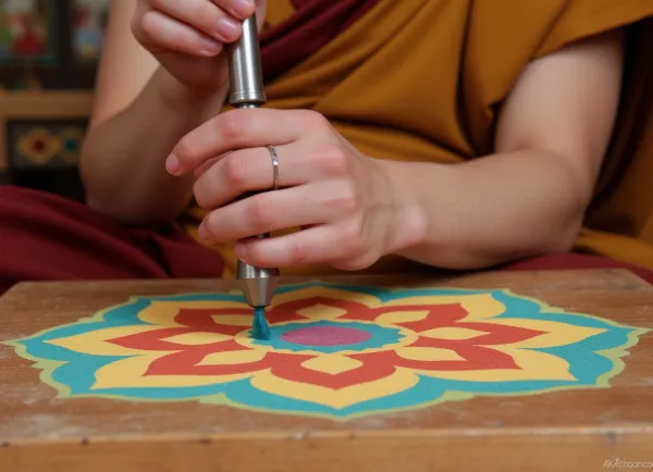 (masterpiece, photorealistic, 8k, detailed:1.8), (Tibetan monk:1.2), professional, (wearing traditional kashaya robe:1.2), (drawing a sand mandala:1.3), (using the traditional metal chak-pur tool:1.4), finely poured sand, (vibrant colored pigment sand:1.3), (focus, hyper-detailed textures:1.6)
