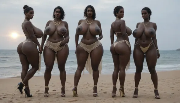 (absolutely black skin:1.85), (gigantic massive huge tits slender beauty model on the beach:1.25), (incredibly floppy saggy tits:1.35), (very large very dark areolae:1.25), erect nipples, seduction, model with full body and face, ((groping tits and ass)), ((very high plateau heels)), (bikini), ((belly chain, anklet, bracelet, jewelry, necklace)), (micro skirt, sun dress), oiled up, light hairy pussy, very detailed image, ultra high definition