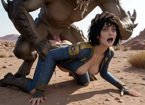 (masterpiece, ultra detailed, best quality, soft shadows, soft light), Fallout style, dirty Lucy MacLean, dressed in a Vault-suit 13, is getting aggressively fucked by a Ghoul in the desert, ((anal)), grab head, ((she has black hair and dirty skin, natural tits)), ((she has trimmed public hair:1.3)), Interspecies, Deathclaw, Fallout, lizard penis, mutant male, monster sex, zoophilia, dirty torn Vault-suit, detailed faces, detailed eyes, detailed mouth, detailed pupils, detailed teeth, HD, ultra detailed, outdoors, grinning female, pain scream, wide open eyes, perfect eyes, cumflation