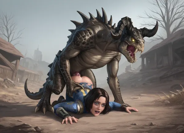 (masterpiece, ultra detailed, best quality, soft shadows, soft light, view from above), Fallout style, dirty Lucy MacLean, dressed in a Vault-suit 13, is getting aggressively fucked by a massive green Deathclaw in the desert, ((vaginal missionary position)), grab head, ((she has black hair and dirty skin, natural tits)), ((she has trimmed public hair:1.3)), Interspecies, Deathclaw, Fallout, lizard penis, mutant male, monster sex, zoophilia, dirty torn Vault-suit, detailed faces, detailed eyes, detailed mouth, detailed pupils, detailed teeth, HD, ultra detailed, outdoors, grinning female, pain scream, wide open eyes, perfect eyes, cumflation
