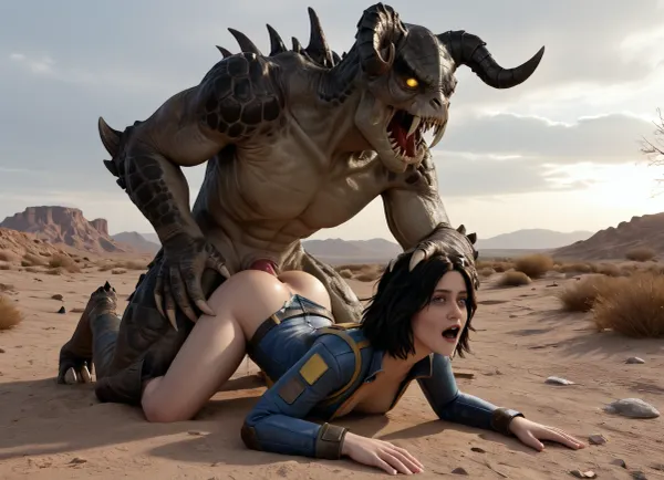 (masterpiece, ultra detailed, best quality, soft shadows, soft light), Fallout style, dirty Lucy MacLean, dressed in a Vault-suit 13, is getting aggressively fucked by a massive green Deathclaw in the desert, ((vaginal sex)), grab head, ((she has black hair and dirty skin)), ((public hair:1.3)), Interspecies, Deathclaw, Fallout, lizard penis, mutant male, monster sex, zoophilia, dirty torn Vault-suit, detailed faces, detailed eyes, detailed mouth, detailed pupils, detailed teeth, HD, ultra detailed, outdoors, grinning female, pain scream, wide open eyes, perfect eyes, cumflation