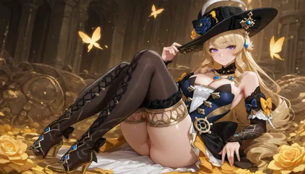 Adult, full-length girl, beautiful, fluffy dress, black steampunk style costume with yellow elements, gothic style dress, Navia from the game Genshin Impact, (long yellow hair), purple eyes, happy smile, 1 girl, bare breasts, pussy visible from under the dress, looking at viewer, shiny skin, blush, bangs, woman, _jbright__, (genshin, impact), solo, navia, (genshin, impact/), jewelry, black thigh-high stockings, black studded thigh-high boots, <lora:Navia_XL_LoRA:2>