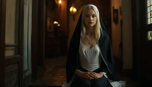 solo, female, full body view, (clothed), (nun), traditional burgundy habit dress, (burgundy nun's veil), silver necklace, midnight, ((hands, together at heart, seductive smile at viewer)), ((Name, Anna Hermana), 21-year-old Swedish adult woman, very long, platinum blonde, straight hair, flowing down to her waist, blue eyes, delicate and symmetrical facial features, natural beauty, an angelic and youthful appearance, boyish athlete figure with hips, medium breasts that are firm, round, and elevated, tall with thighs that are soft and full, but not muscular, natural blonde hairy pubis, medium-sized butt that is firm, perky, and well-shaped, with no sagging), sharp focus, fine details, (((raw))), nun, close-up, (sitting on steps outside church door), (lifts her dress slowly to reveal her white bloomer underwear), (((dramatic dark atmosphere))), (high contrast), cinematic shot, dynamic lighting, 75mm, Technicolor, Panavision, cinemascope, 8k, HDR, realism, realistic, key visual, film still, cinematic color grading, depth of field. detailxl, <lora:add-detail-xl:.8>, <lora:MJ52:.8>