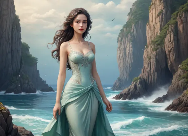 artistic style, drawing, on paper, cartoon, cartoon figure with soft colors and style, a adult 2D ocean fantasy women, paper background, hand drawn ink painting, fairytale, concept art, character design, full_body, maximum aperture. /KlTTY-ART/