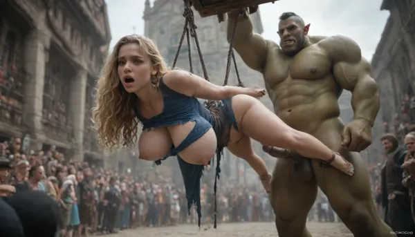masterpiece, best quality, 1girl, big_orc_Warrior, young adult female, blonde long wavy hair, huge hanging breast, puffy nipples, huge hanging tits, (satin dress:1.1), (torn clothes:1.3), fucked in the ass by huge orc penis, other orcs sperm jizz on her tits, Square, (orc_crowd), foreground, wide_shot, looking at viewer, dynamic angle