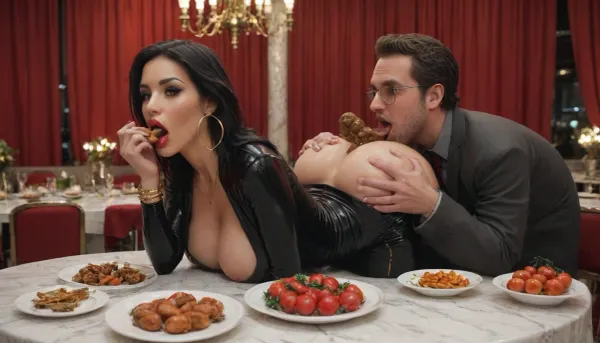 extreme luxe restaurant, golden candelabra, red curtains, 30 yo woman, (shit between round buttocks falls in noodkle, tomato, egg plate:1.1), long shiny black hair, (speech bullet 'quiero cagar mucho'), (extremely big bimbo red lips), black ultra short latex suit, golden necklace, large hoop golden earrings, golden bracelet on hands, seen from behind, <lora:bombshell_v2:.5>, <lora:ThePitXL:.5>, <lora:bimboxl_02:.5>, (man rimming for woman:1.4), (man rims woman:1.5), (man has speech bullet 'quiero comer')