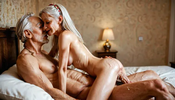 Gilf, Tiny petite 75yo woman, (naked very tiny cute granny:1.2), very tiny body, (long white hair:1.3), enormous size difference, very old man, using woman as cocksleeve, deep vaginal penetration, very tight vagina, narrow waist, tiny pelvis, skinny thighs, (skinny), small vagina, creampie, detailed cum, beautiful natural large puffy breasts, (big tits), tiny nipples, her eyes are closed of lust, breathtaking, side light, colorful light, (real wrinkled skin:1.3), a old man holding a woman from behind, sex from behind, gigantic penis, revsitting, side view, award-winning, professional, highly detailed, detailxl, orgasmface, <lora:revsex_SDXL_1_:1>, <lora:MJ52:.8>, <lora:orgasmface_SDXL:.8>