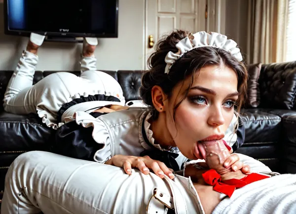 1 man, ((white man:1.5), relaxing sitting on big white leather couch, Watching TV), (open pants, exposed erect average cock), (petite Russian girl laying on stomach, by her side, on big white leather couch, ((deepthroat:1.3), visible tongue out:1.2)), (sucking cock, Watching TV), ((one arm grab updo hair)), full body view, (8k, UHD, best quality, photorealistic, highres, ultra-detailed, HDR, bright sunlight), girl wear maid dress bare buttocks, man wear office suit and tie., victorian, maid, amazing, people, <lora:araminta-amazing_people:.5>, <lora:Detailed_female_hands-000001:.5>, <lora:xl_victorian_maid_dress-1.0:.4>
