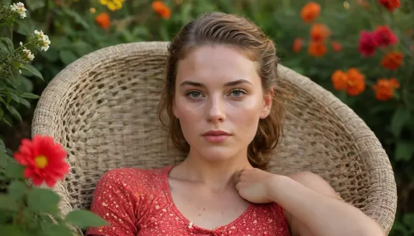 A beautiful English woman, lays asleep on her side on a round wicker chair, she is sideways in the picture frame, horizontal, facing the camera, in a beautiful cottage garden, dripping with bright flowers, thatched cottage in the background, all bathed in the warm golden hues of a breathtaking sunset, (perfect face:1.5), (perfect nose), wearing a red short sleevedT-shirt, fully clothed, gentle sunset light filter through the leaves, visible freckles, very freckleld. sun-kissed skin, looking at the camera. hair pulled back into a short, ponytail, slicked back hair. Very sweaty, the sunset makes her skin glimmer, suntan lines visible. Hollywood’A lister’ looks. Sun kissed face., hint of a smile, Detailed face and eyes., Extreme close up of her face, <lora:Midjourney Image Enhancer XL v1:1.5>, <lora:bralessSDXL_v1_00022:1>, <lora:lora-sdxl-perfect-eyes:2>