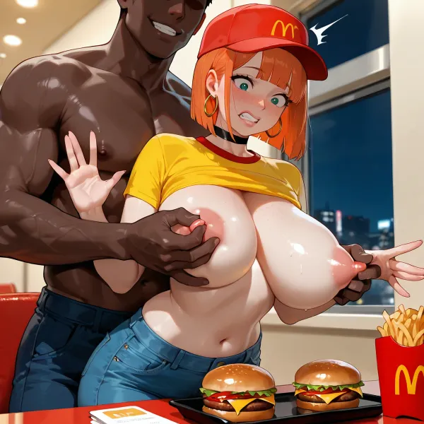 masterpiece, 4K best quality, high quality, absurdres, intricate details, very awa, depth of field, very aesthetic, rating, explicit, Mcdonald's, mother, (Yoru mac), 1girl, 1boy, mature woman, pale skin, short hair, orange bob hair, blunt bangs, aqua eyes, freckles, full-face blush, large breasts, surprised, ^^^, wide eyed, clenched teeth, looking down, (yellow shirt:1.1), t-shirt, red baseball cap, black choker, golden hoop earrings, (blue jeans), cropped shirt, navel, shirt lift, naked shirt, puffy nipples, huge nipples, standing, ojou-sama pose, open hand, spread fingers, red phone, dark-skinned male, very dark skin, muscular male, tall male, (topless male:1.2), evil grin, head out of frame, grabbing from behind, (nipple tweak:1.3), nipple stimulation, (McDonald’s restaurant), restaurant, table, chair, fast food, big mac, burger, French fries, indoors, window, (night:1.1), solo focus, realistic, Dutch angle, <lora:aesthetic_anime_v1s:1.2>
