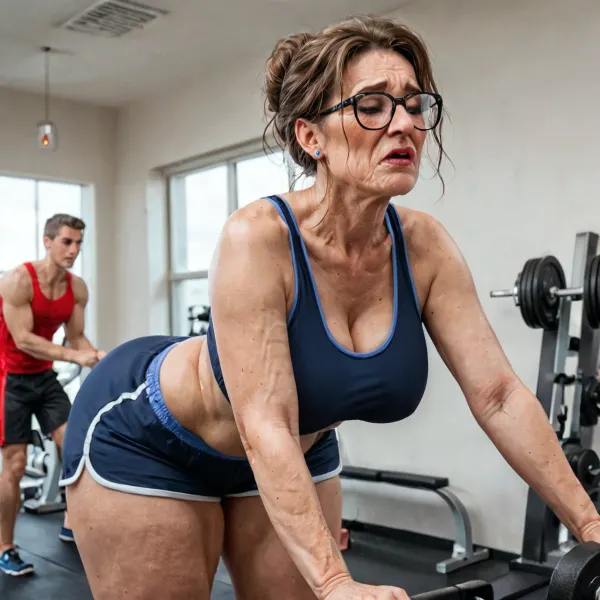 Older mature mom with hyper gargantuan tear drop breast, massive fat thighs, slim stomach, and a gigantic fat ass, is wearing eye glasses and red dolphin shorts with a deep V-Neck sports bra. The older mature mom is in a crowded gym. The older mature mom is exercising in the gym., ((wrinkly skin older mature mom)), ((hyper detailed face)), ((exercising)), ((view from behind)), agony, anguish, anxiety, depression, despair, grief, pain, sadness, stress, suffering, <lora:Lamentations-000016:2>, <lora:Saggo_XL:2>