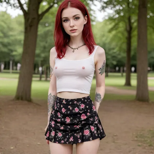 Tiny tall skinny slim read head lady, pale freckles skin, flower tattoo on arms and legs, gothic, white skin, classic shoes, short skirt, white short shirt, shoulder free. in park, looking seductive, looking back, (interessting viewer angle:1.5), flat, chested, show back, bai13yjay, skirtlift, <lora:flat_chested_v3.5:.8>, <lora:Bai13yJay:.8>, <lora:skirtlift_xl:.1>
